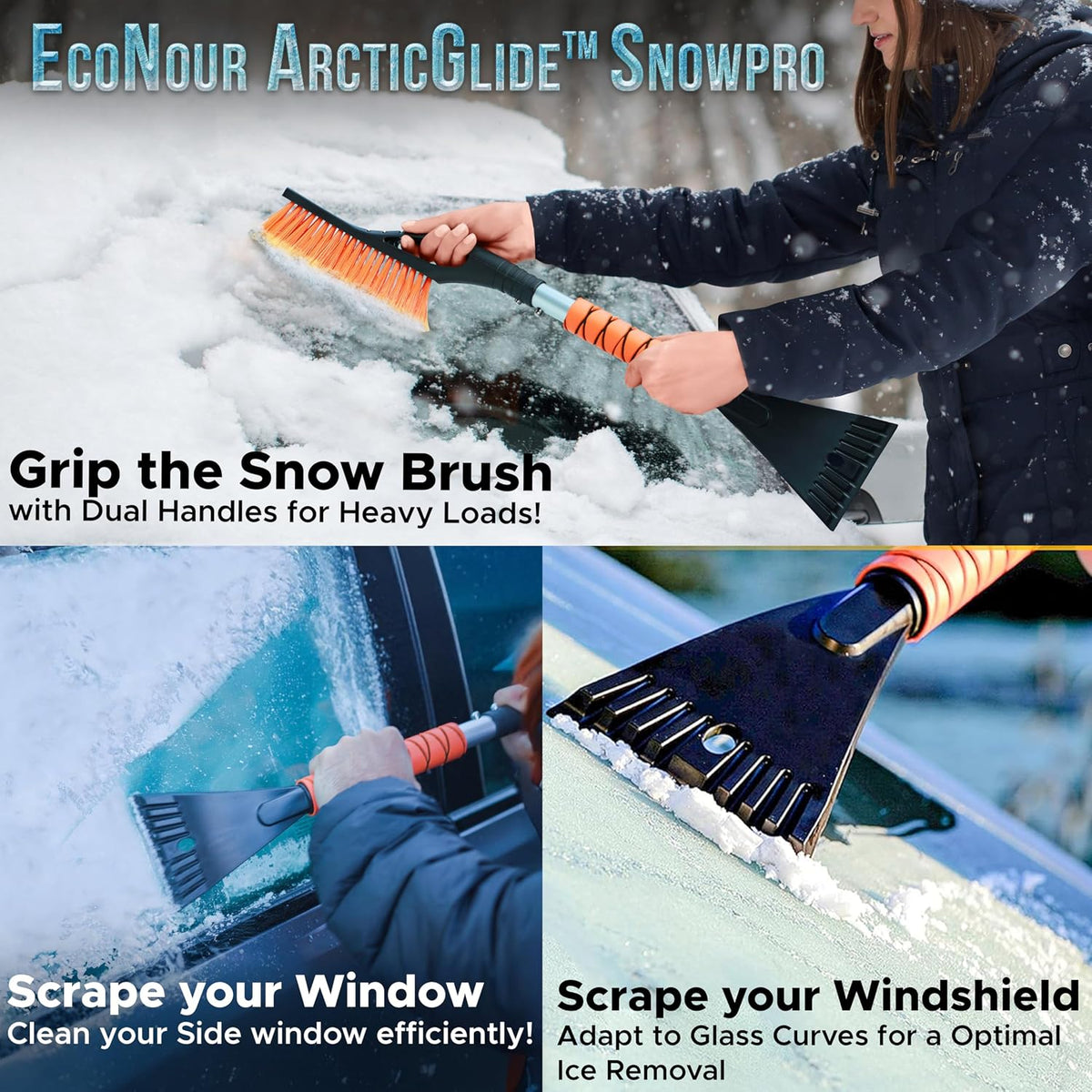 EcoNour Car Snow Brush & Windshield Cover Bundle | Includes 27" Aluminum Snow Brush with Ice Scraper (2 Pack) & Heavy-Duty 600D Oxford Frost Cover | Winter Car Accessories for Snow & Ice Protection