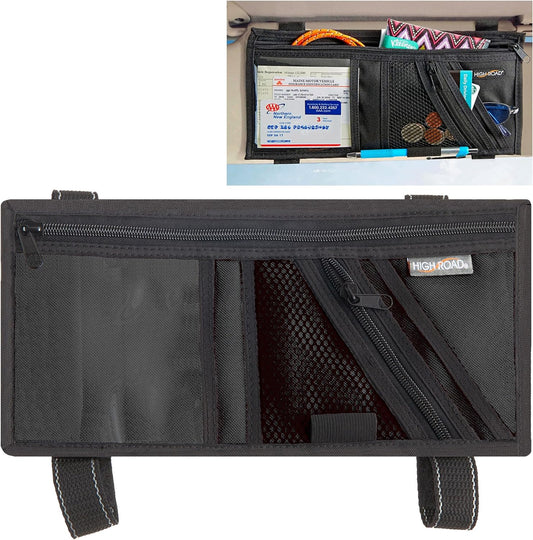 High Road Car Visor Organizer with Secure Zip Pockets, Sunglasses Holder and Clear Registration and Insurance Pocket - Heavy Duty Straps Fit Most Car, SUV and Truck Visors
