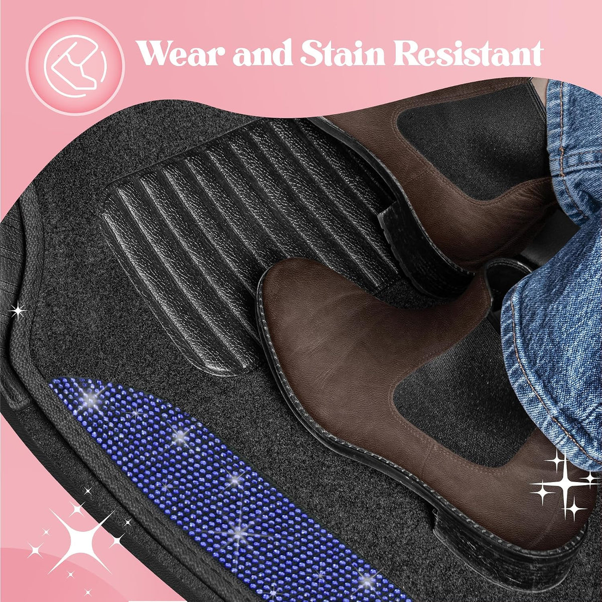 Carbella Diamond Bling Car Mats 4-Piece Set, Shiny Rhinestone Crystal Carpet Car Floor Mats, Two-Tone Floor Mats for Cars, Cute Automotive Interior Car Accessories for Women (Blue)