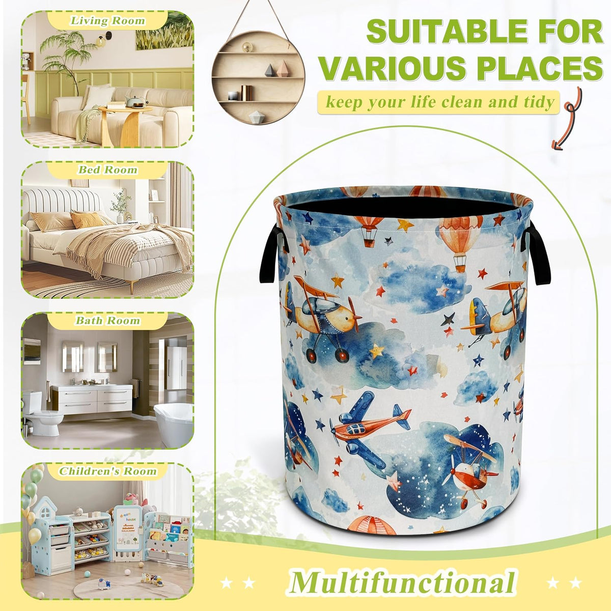 Airplane Clouds Laundry Basket Foldable Waterproof Hamper 18.9 x 16.5 Inch