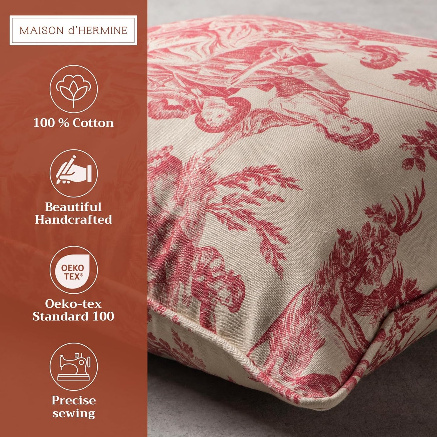 Maison d' Hermine Throw Pillow Covers 100% Cotton (20" x 20" - Pack of 1) | Square Toile Decorative Pillow Covers with Invisible Zipper for Living Room Couch Sofas - The Miller - Red