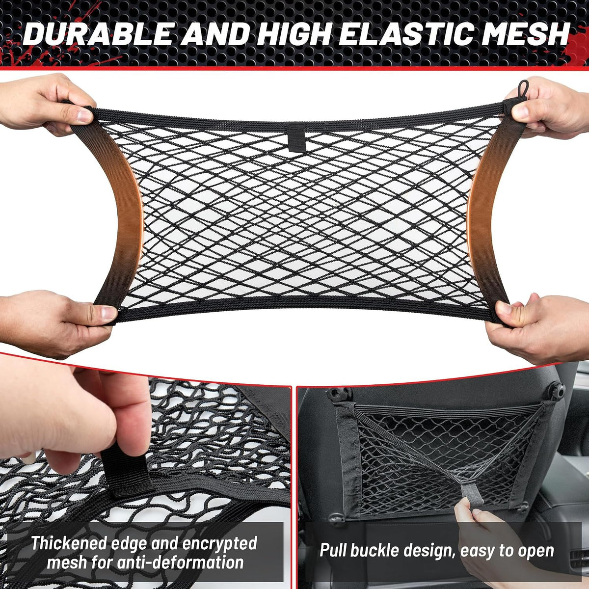 RED WOLF 2 Layer Small Mesh Cargo Net Elastic Storage Netting 2 Pcs Stretchable Car Organizer Net 14×10 Inch for Trunk RV Boats Home Auto Cargo Net Pocket with Screws and Hooks