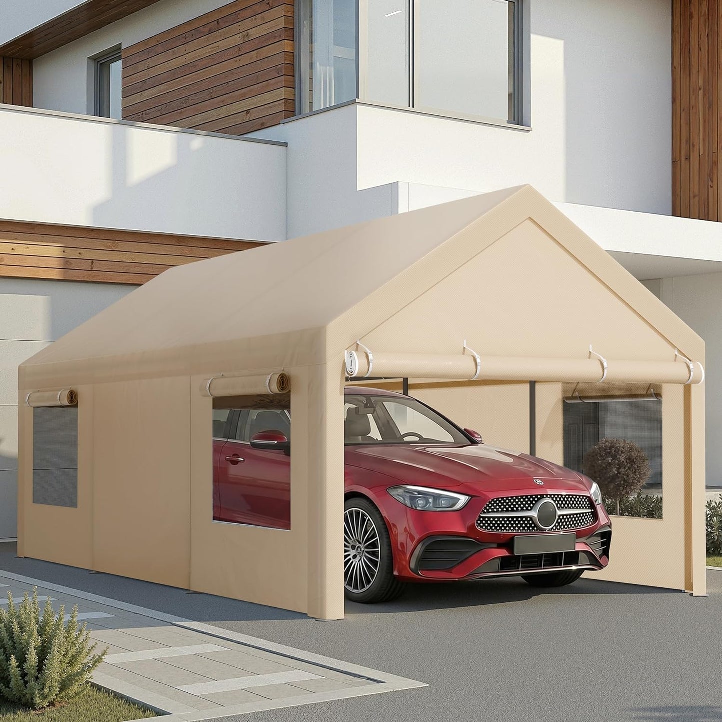 JAMFLY 12x20 ft Heavy Duty Carport with Roll-up Windows, Portable Garage with Removable Sidewalls & Doors, Car Canopy with Sandbags and All-Season Tarp for Car, Truck, Boat, Motorcycle, Khaki