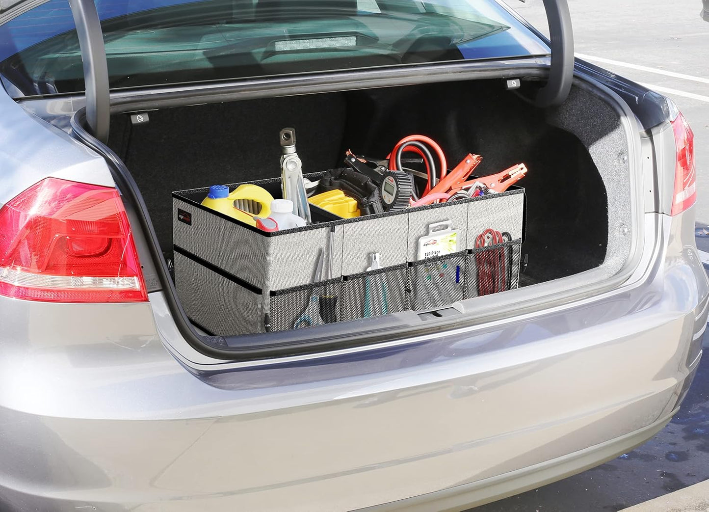 EPAuto Foldable Car Trunk Organizer for SUV, 3-Compartment, Gray | with Removable Divider, Side Pockets and Securing Straps