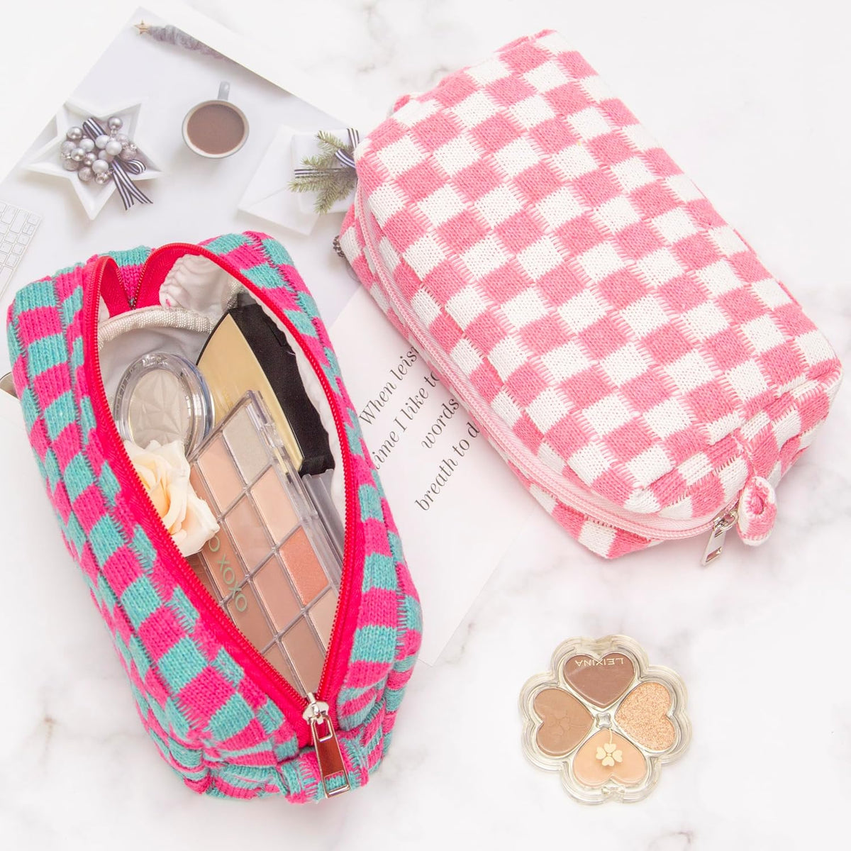 Checkered Makeup Bag for Purse, Small Travel Cosmetic Pouch,Pink,6 Pack