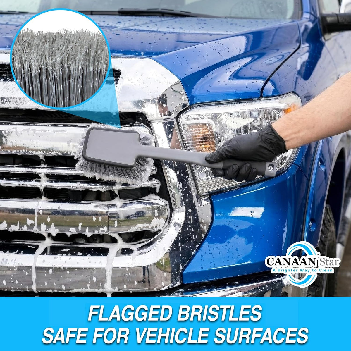 Car Wash Brush(Upgraded Design), 17" Long Handle, Flagged Bristles, Rubber-Protected Head, Non-Slip Ergonomic Grip for Tires, Undercarriage, Wheels, Grill, Fender Wells, SUVs & Cars