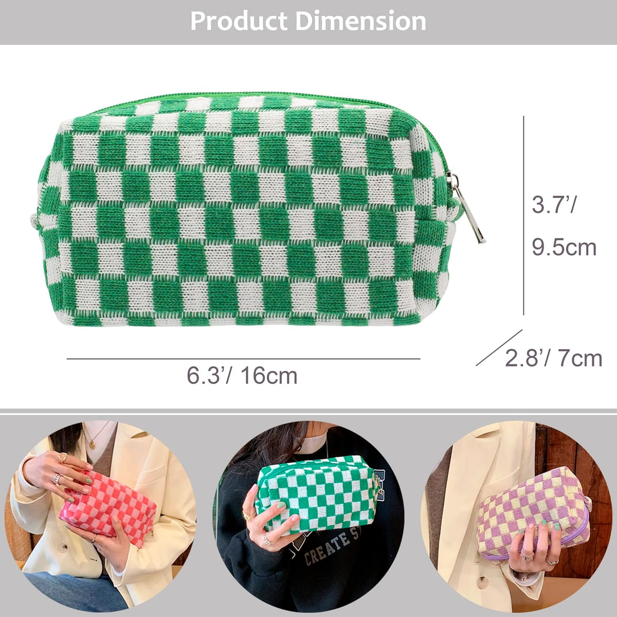 Checkered Makeup Bag for Purse, Small Travel Cosmetic Pouch,Green,6 Pack