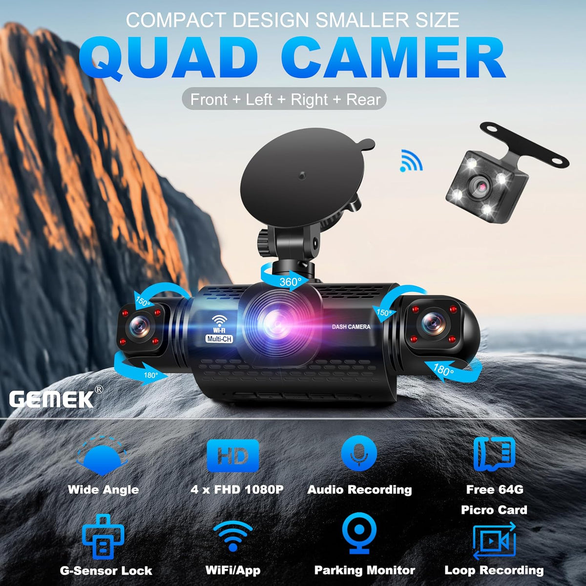 360 Degree View 4 Channel Dash Cam 5G WiFi & App Control, GEMEK 2K Front and Rear Inside, Left and Right Dash Camera for Cars, Free 64GB TF Card, G-Sensor, Night Vision, 24 Hour Parking
