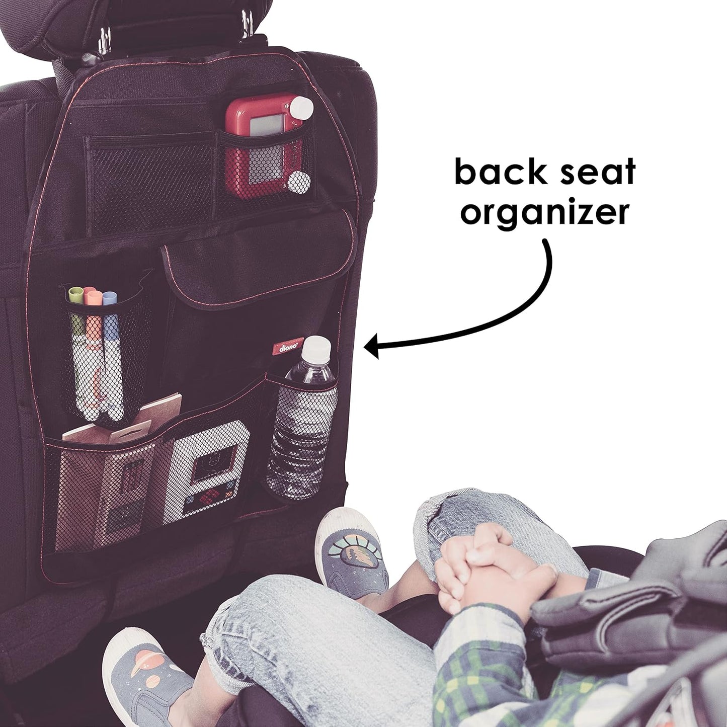 Diono Stow 'n Go Car Back Seat Organizer for Kids, Kick Mat Back Seat Protector, with 7 Storage Pockets, 2 Drinks Holders, Water Resistant, Durable Material, Black , 18x10x9 Inch (Pack of 1)