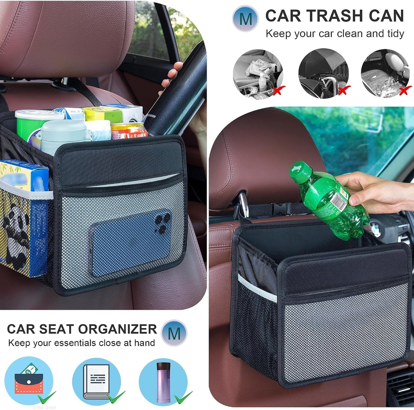 Car Back Seat Organizer and Storage Bag, Premium 1680D Oxford Cloth Collapsible Universal Hanging Car Seat Back Organizer for Kids & Adults