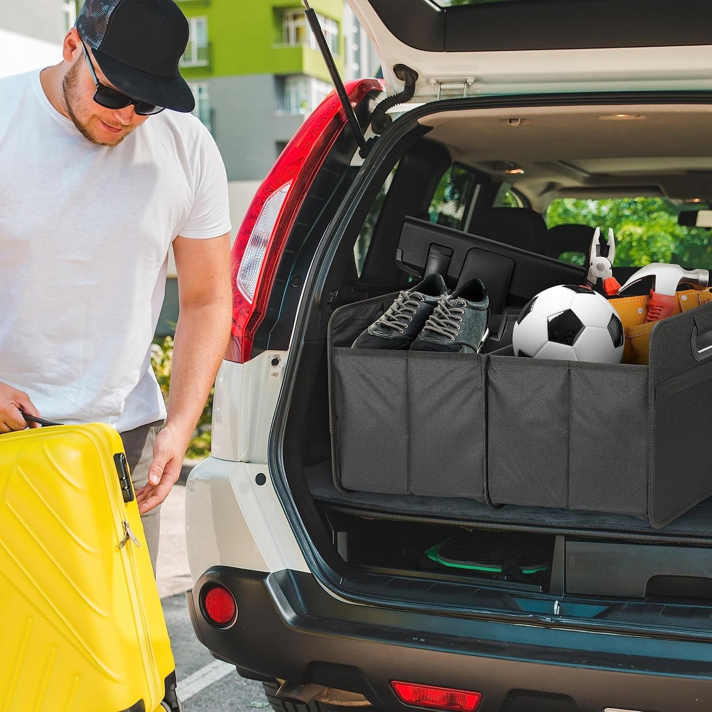 Simple Deluxe Trunk Organizer for Car/SUV, Collapsible 600D Waterproof Oxford Polyester 50L Storage Box, 2 Compartments Multipurpose Travel Accessories, Anti-slip & Leak-proof, Black
