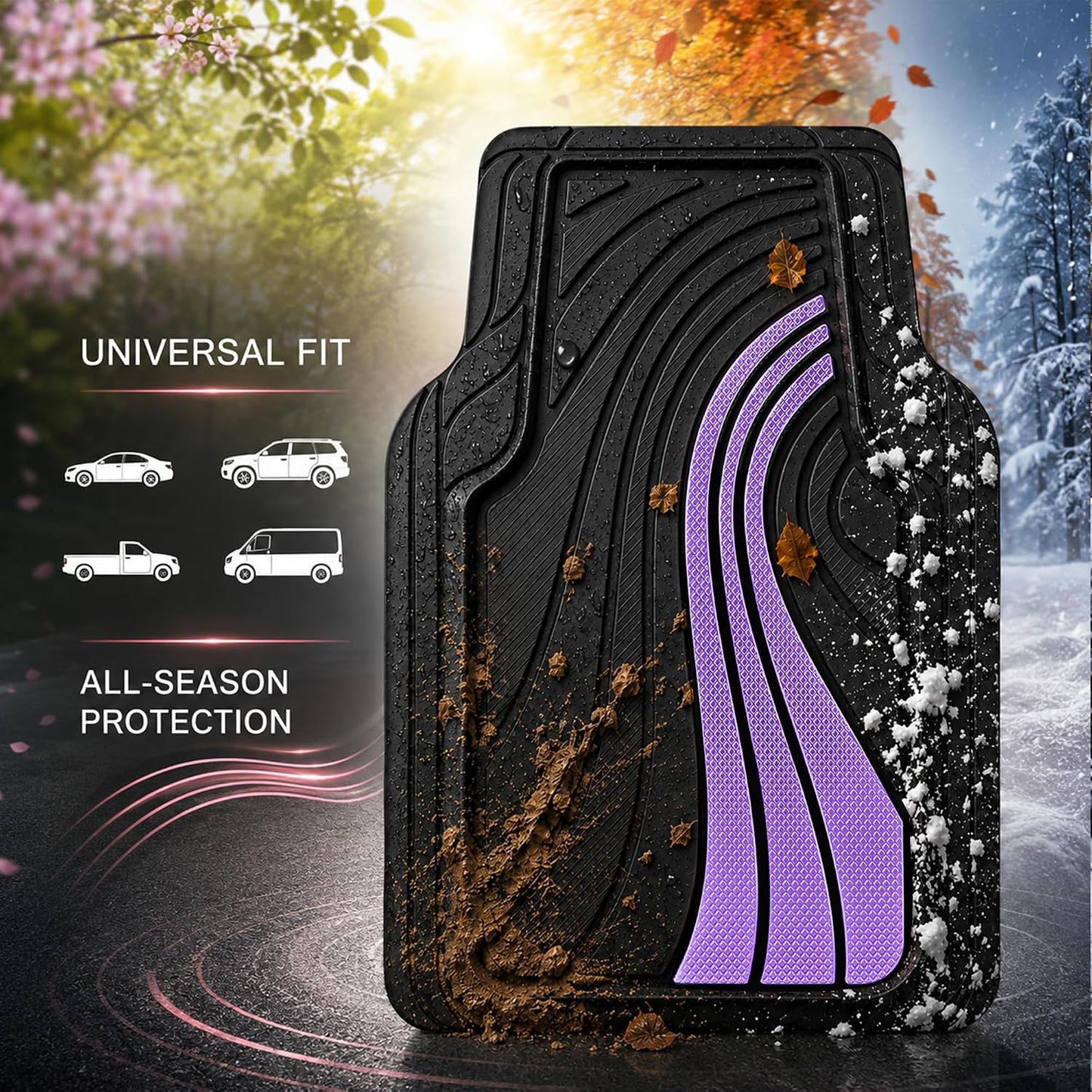 Road Comforts Car Floor Mats Full Set – Front & Rear Car Floor Mats with Aluminum Design, Anti-Slip Backing, All-Weather Protection, Trim-to-Fit Car Mats for Most Sedans, SUVs & Vans - Lighet Purple