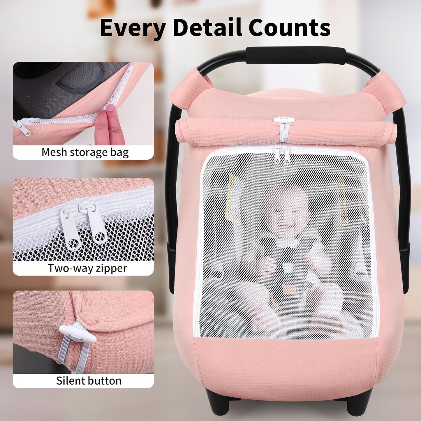 Rquite Car Seat Cover Baby, Carseat Covers Girl Boy, Breathable Muslin Cotton, Large Mesh Window, Infant Car Seat Canopy Baby Carrier Cover Stroller Sun Shade for Summer & Hot Day, Pink