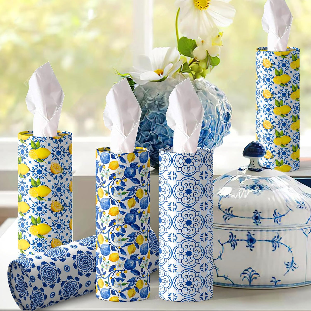 4 Pcs Capri Lemon Round Tissues Box Car Holder Set - Blue & White Mediterranean Lemon Travel Tubes for Car with 50 Sheets Cylinder Face Towel Containers | 2.7" x 7.1" Cup Holder Fit, 4 Unique Designs