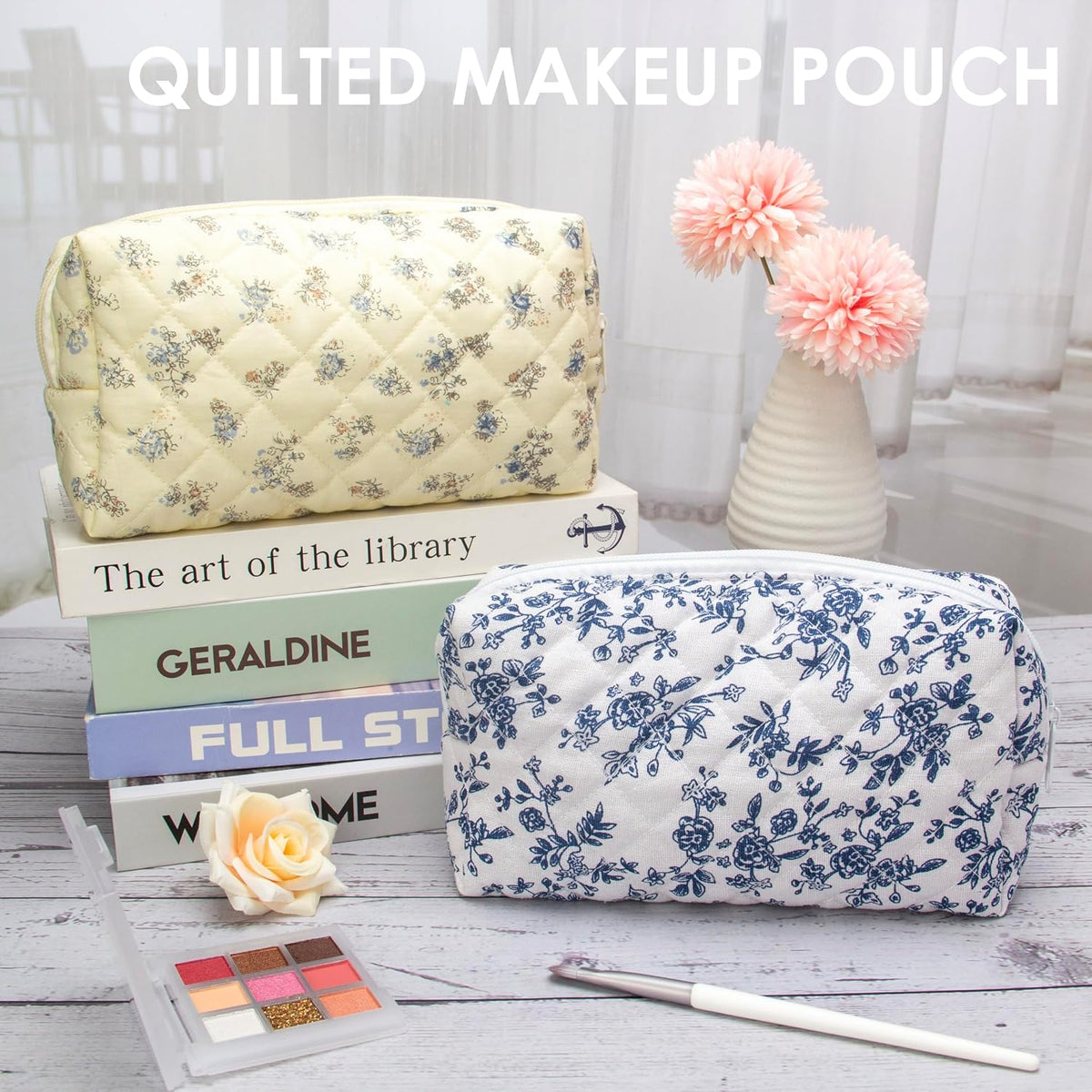PAZIMIIK Small Quilted Makeup Bag,Zipper Cosmetic Pouch,Jouy Blue,2 Pack