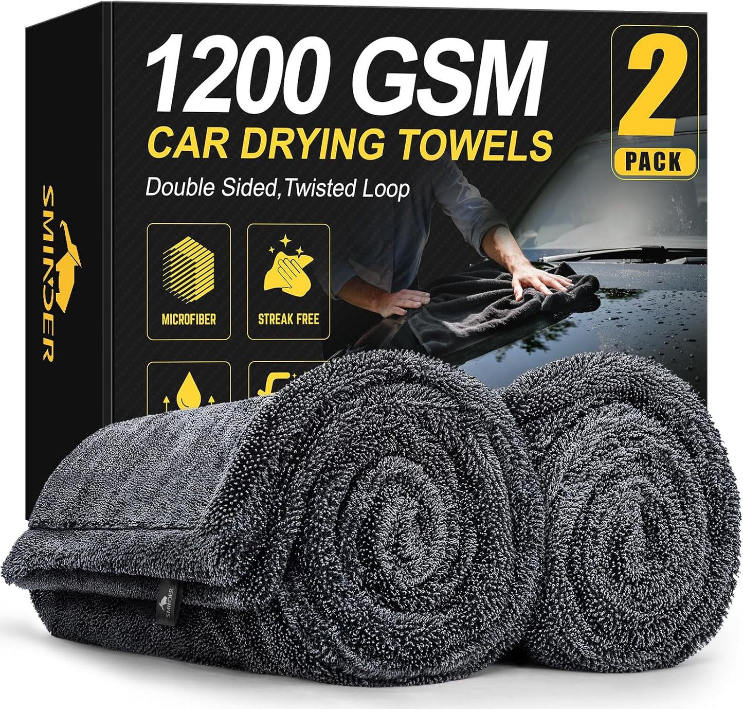 SMINDER 2-Pack 1200 GSM Car Drying Towels – Microfiber Towels for Cars (36" x 24"), Ultra-Absorbent, Streak-Free, Scratch-Free, No Water Spots, Double-Twist Pile & Edgeless Design