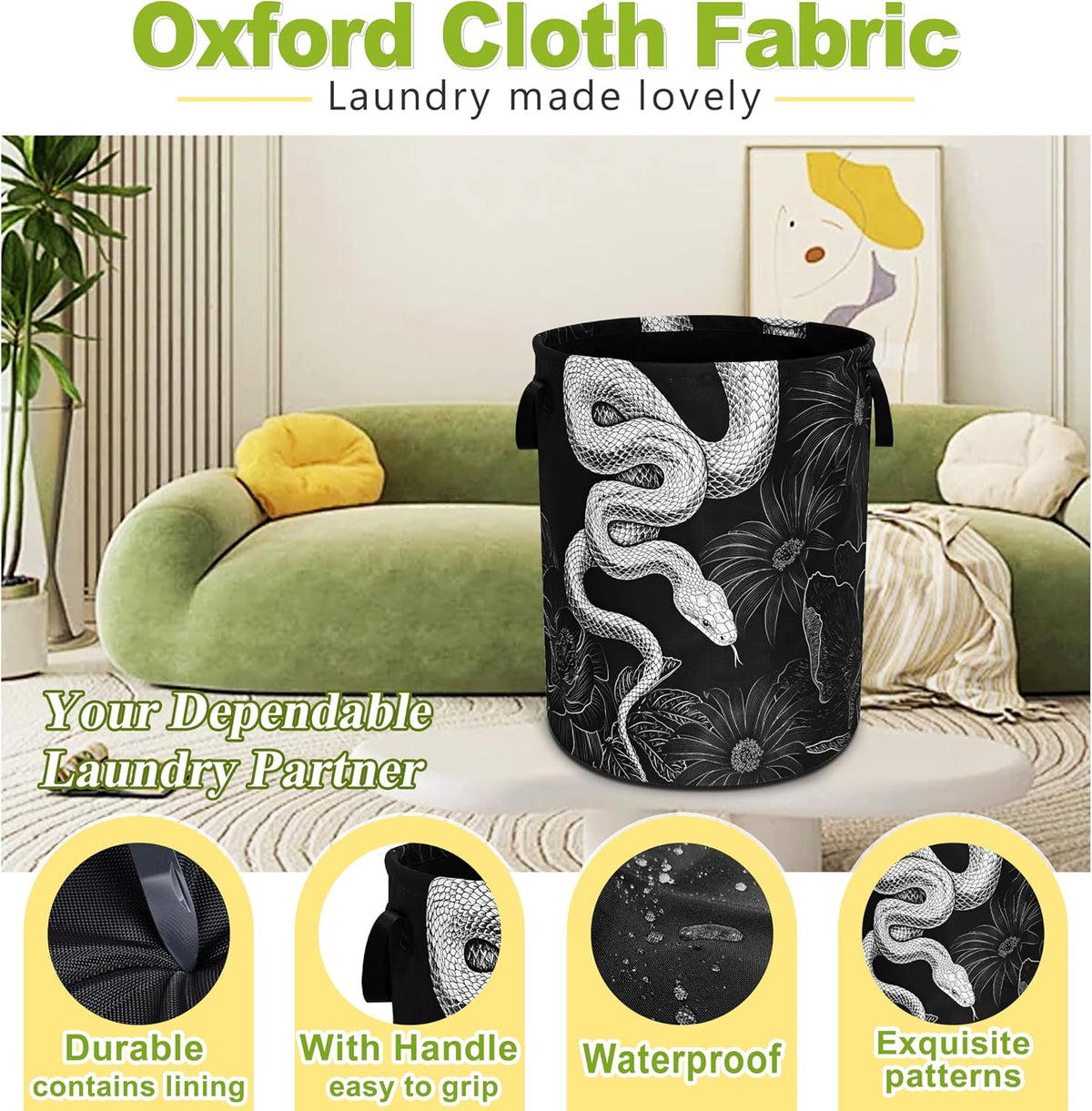 Snake Floral Prints Laundry Basket Foldable Waterproof Hamper 18.9x16.5 In