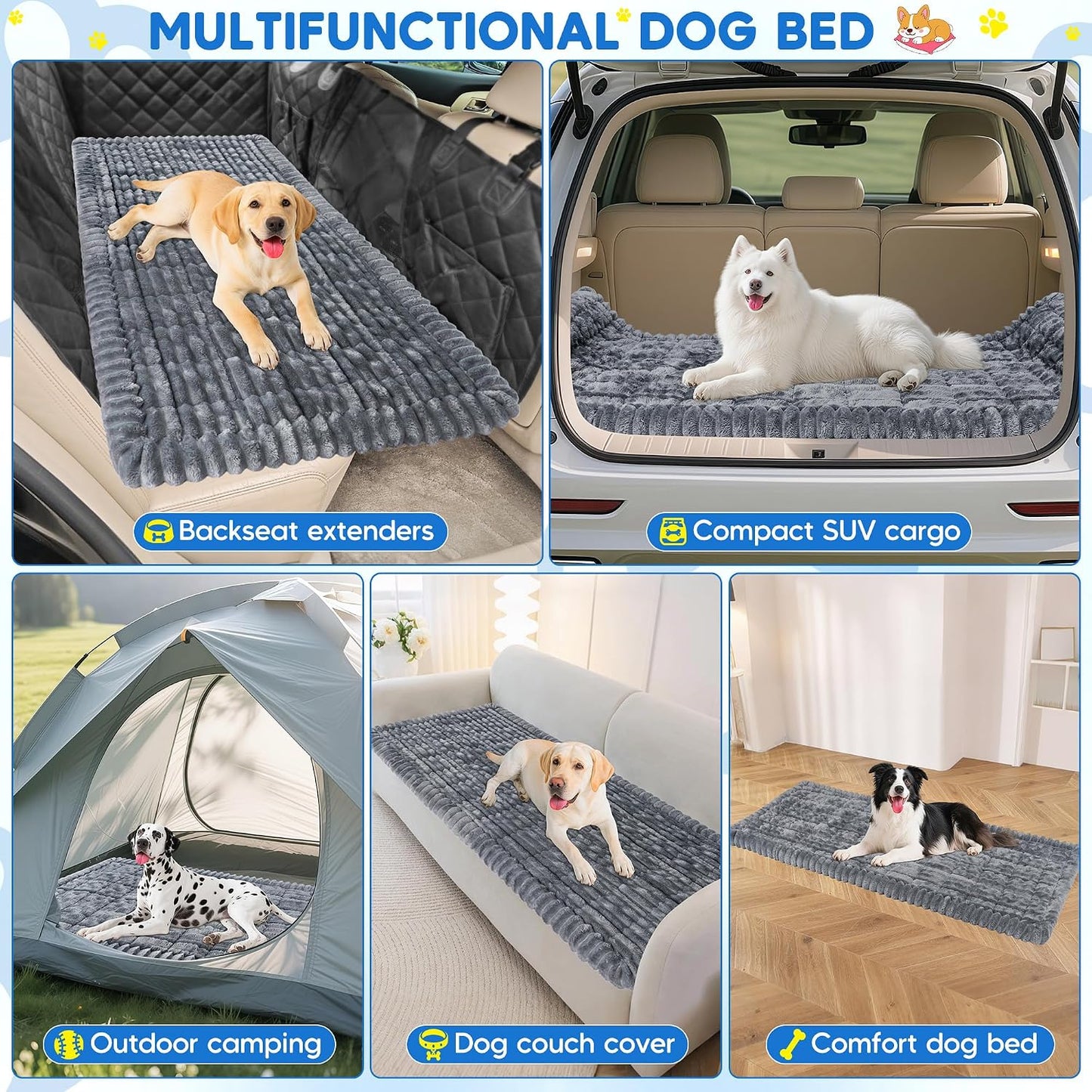 Loiion Dog Car Bed, Non-Slip Backseat Dog Bed Mat with Plush Flannel, Pet Travel Cushion for Car SUV Truck, Machine Washable Dog Seat Protector (50" L×24.6" W) Gray