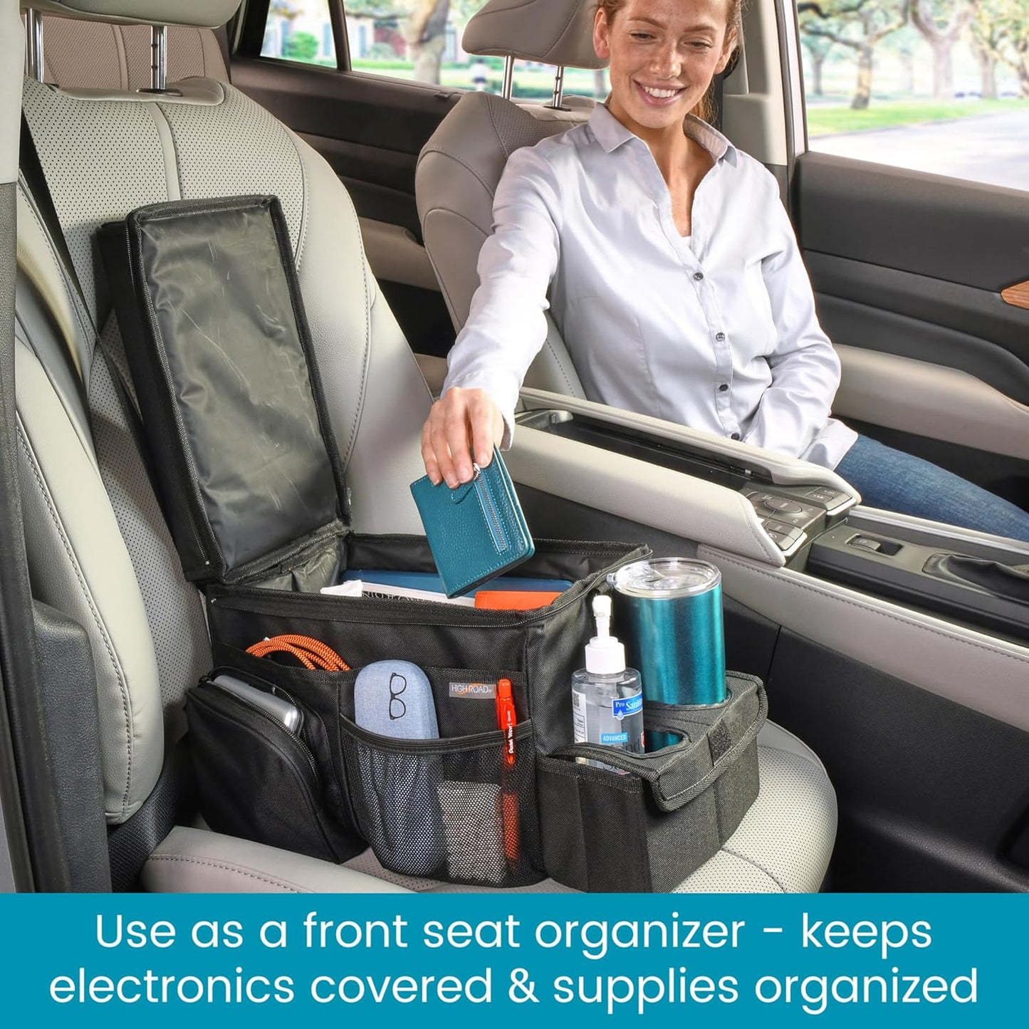 High Road CarHop Car Caddy Organizer with Road Trip Cooler, Car Cup Holder Bin, Sturdy Snack and Play Lid and 6 Organization and Storage Pockets, Black