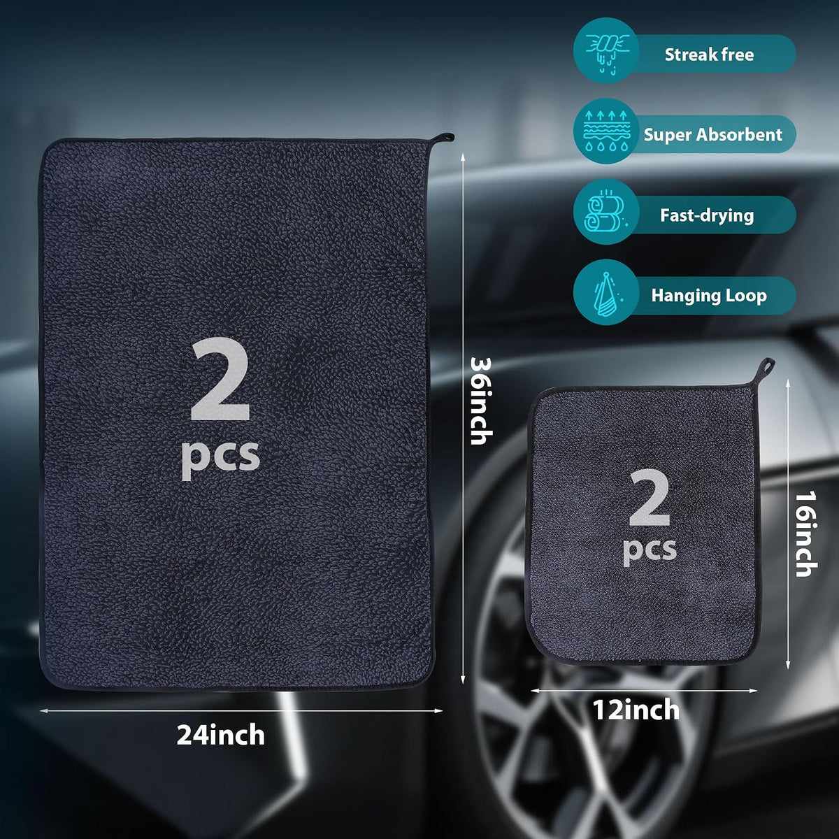 Car Drying Towels - 4 Pack Black Microfiber Detailing Cloths, 36 x 24 In