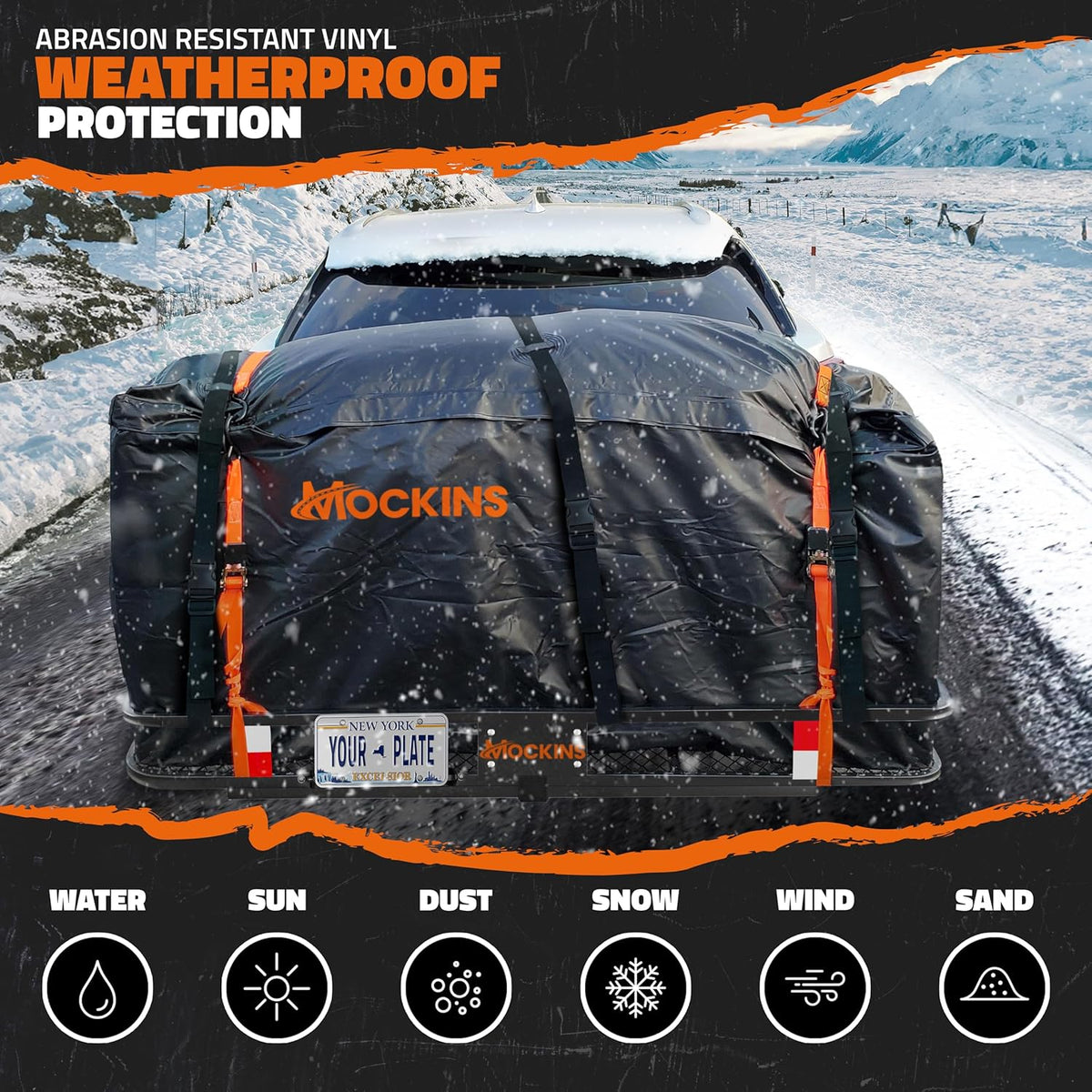 Mockins 60"x24"x6" Heavy Duty Trailer Hitch Cargo Carrier w/ 500 Lbs. Cap | with 25 CuFt Waterproof Cargo Bag for Hitch Carrier | Folding Luggage Rack for SUV Car Truck w/ Plate Bracket & Accessories