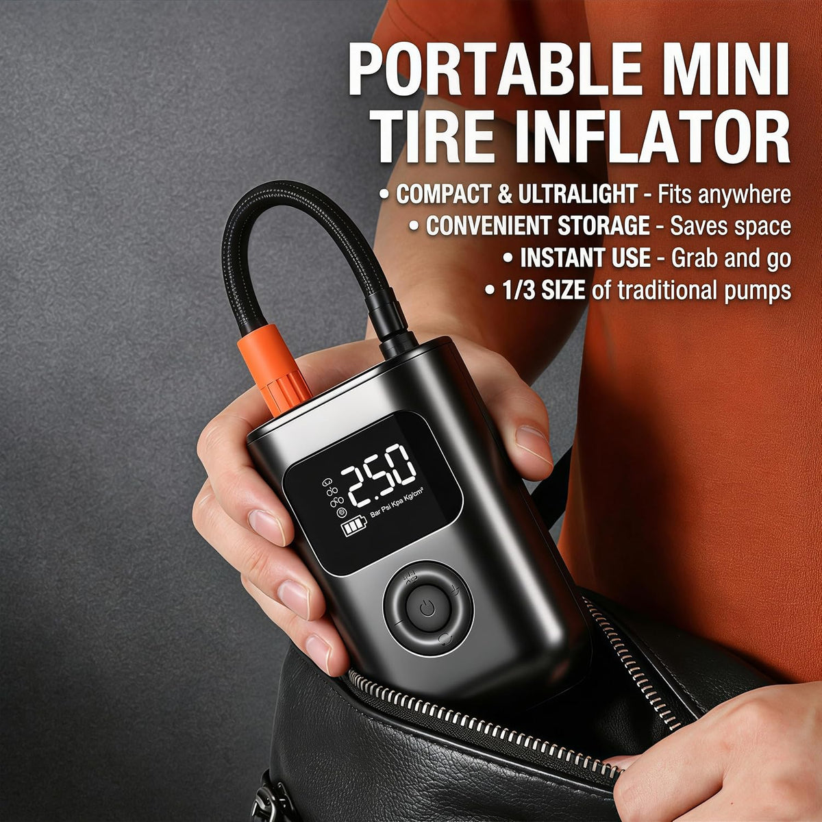 Portable Cordless Tire Inflator, Digital Air Compressor with LED Light, Auto Shut-Off, 4 Pressure Modes, Rechargeable, for Car, Bike, Ball
