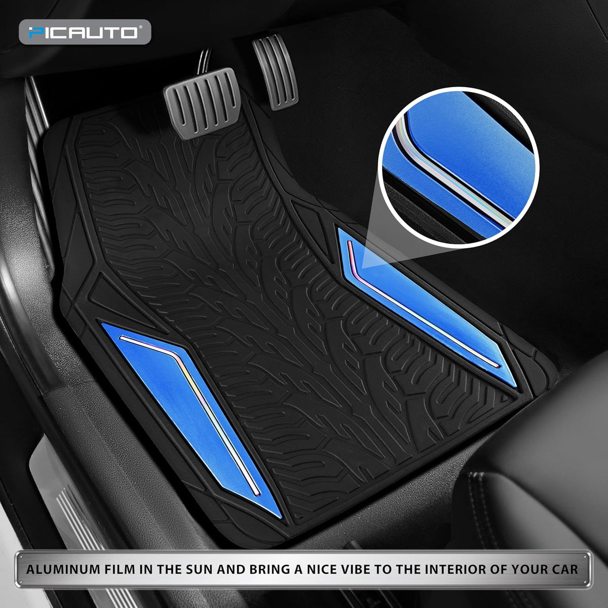PIC AUTO Rubber Floor Mats, Blue Aluminum Film with Colorful Piping Floor Mats for Cars, Car Mats with Non-Slip Backing, All-Weather Protection, Trim-to-Fit Liner for Cars, SUVs, Trucks, Vehicles