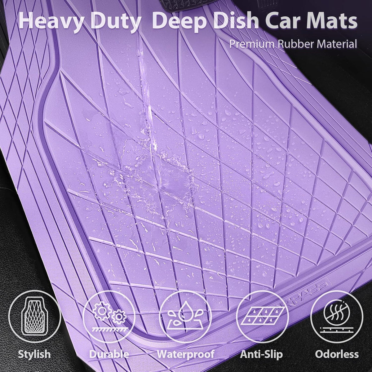 CAR PASS Heavy Duty Rubber Car Floor Mats, Deep Dish All Weather Car Mats Full Set, 3 Piece Waterproof Premium Anti-Slip Floor Mats Rugs Universal Trim to Fit for 95% Sedan SUV Van Truck, All Purple