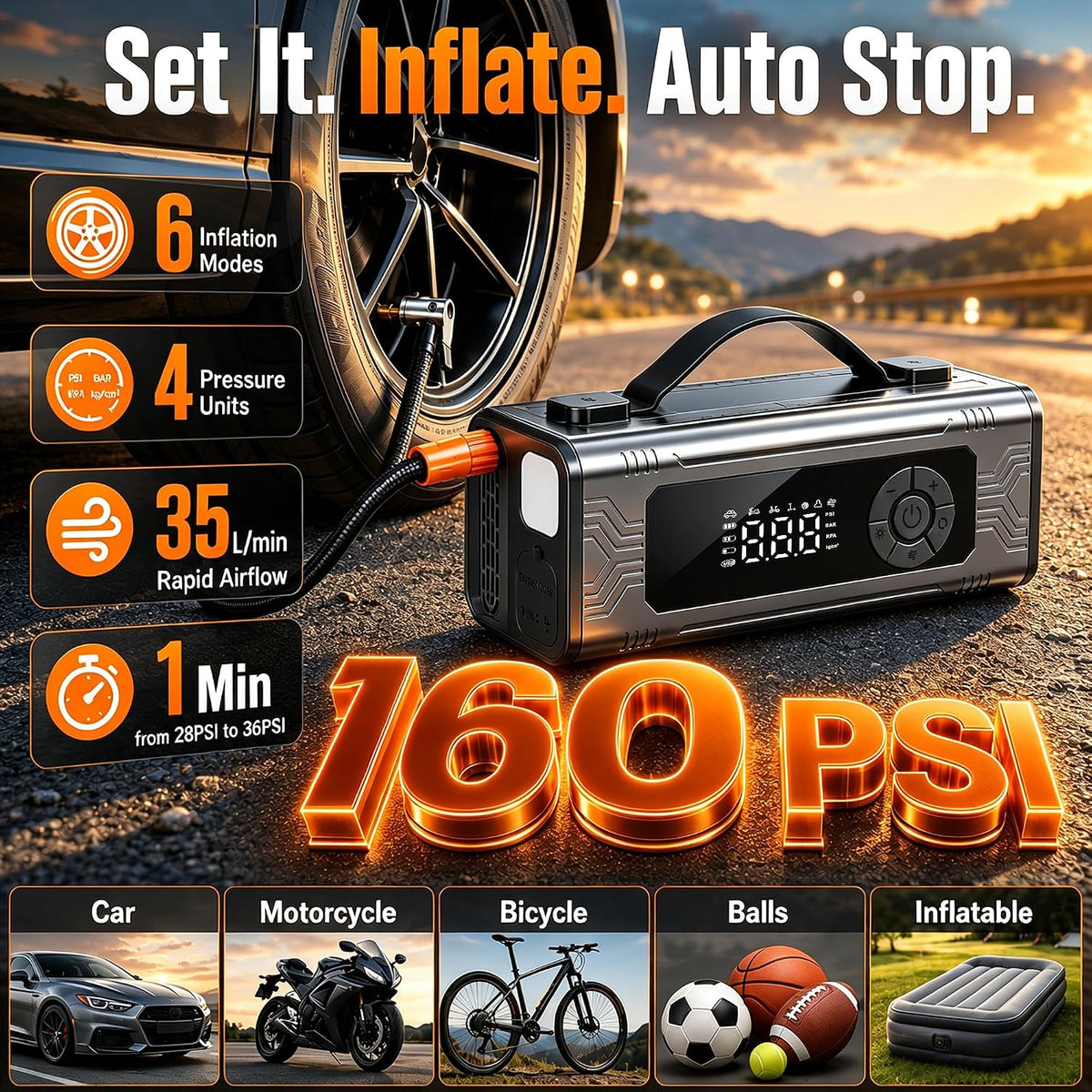 9000A Portable Battery Car Battery Jump Starter with Air Compressor, 160PSI Tire Inflator, 6500Pa Car Vacuum, 3-Mode LED Light & 30000mAh Power Bank, Roadside Emergency for Family Travel, SUV, Truck