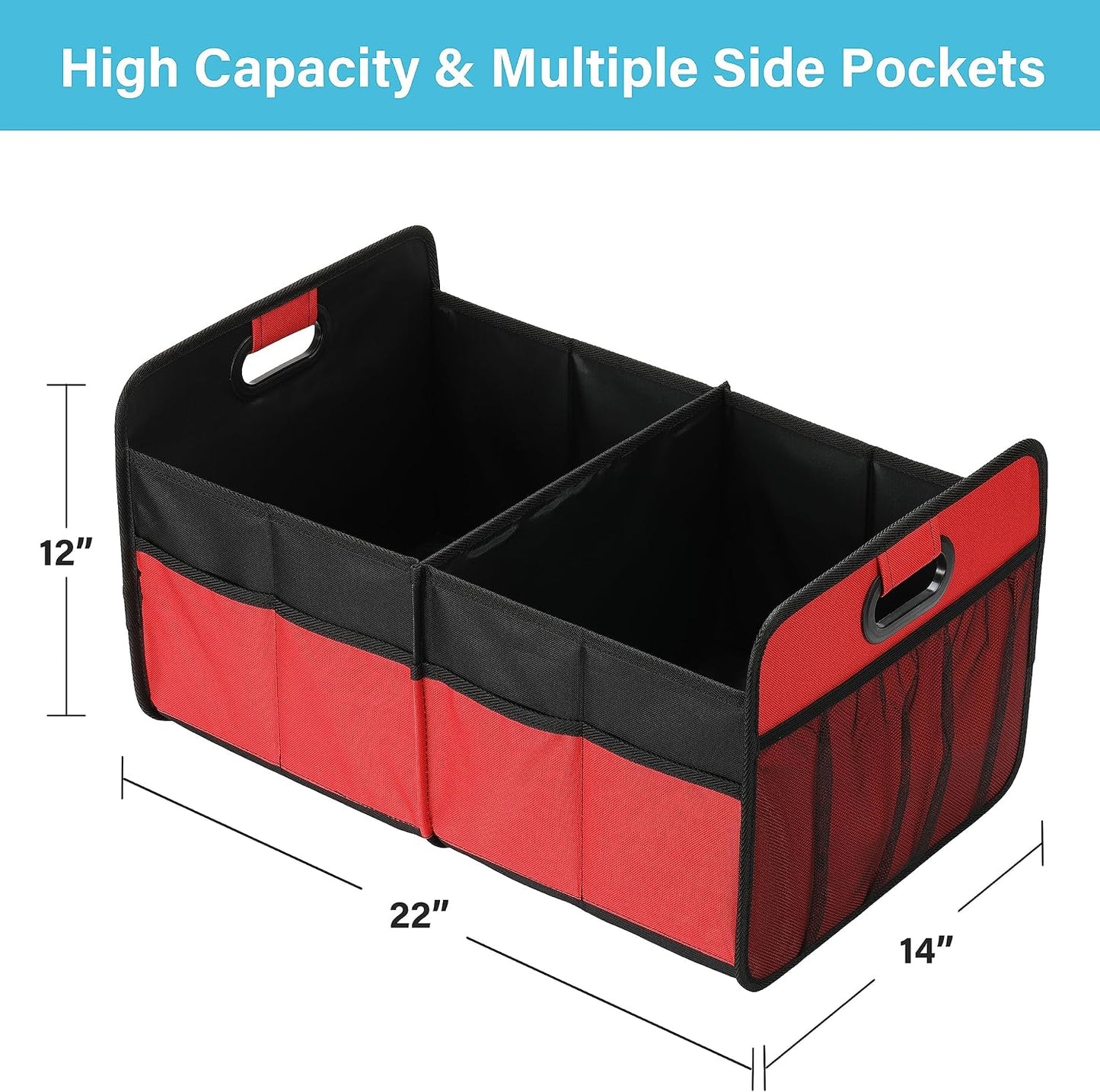 Simple Deluxe Car Trunk Organizer, 2 Compartments Collapsible Trunk Storage, Anti-slip Design, Made of Waterproof 600D Oxford Polyester, Suitable for SUV, Minivan, Standard Size, Red, 2 Pack