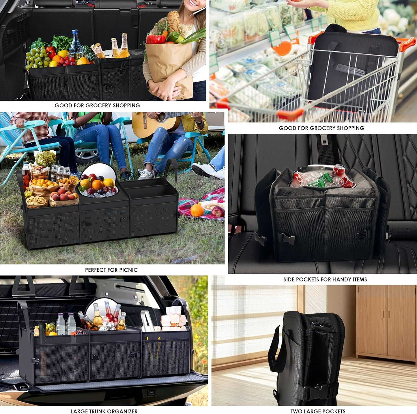 Trunk Organizer, 95L Capacity SUV Trunk Organizer with Cooler, 3 Compartments Heavy Duty Collapsible Car Storage Organizer for Truck, Van