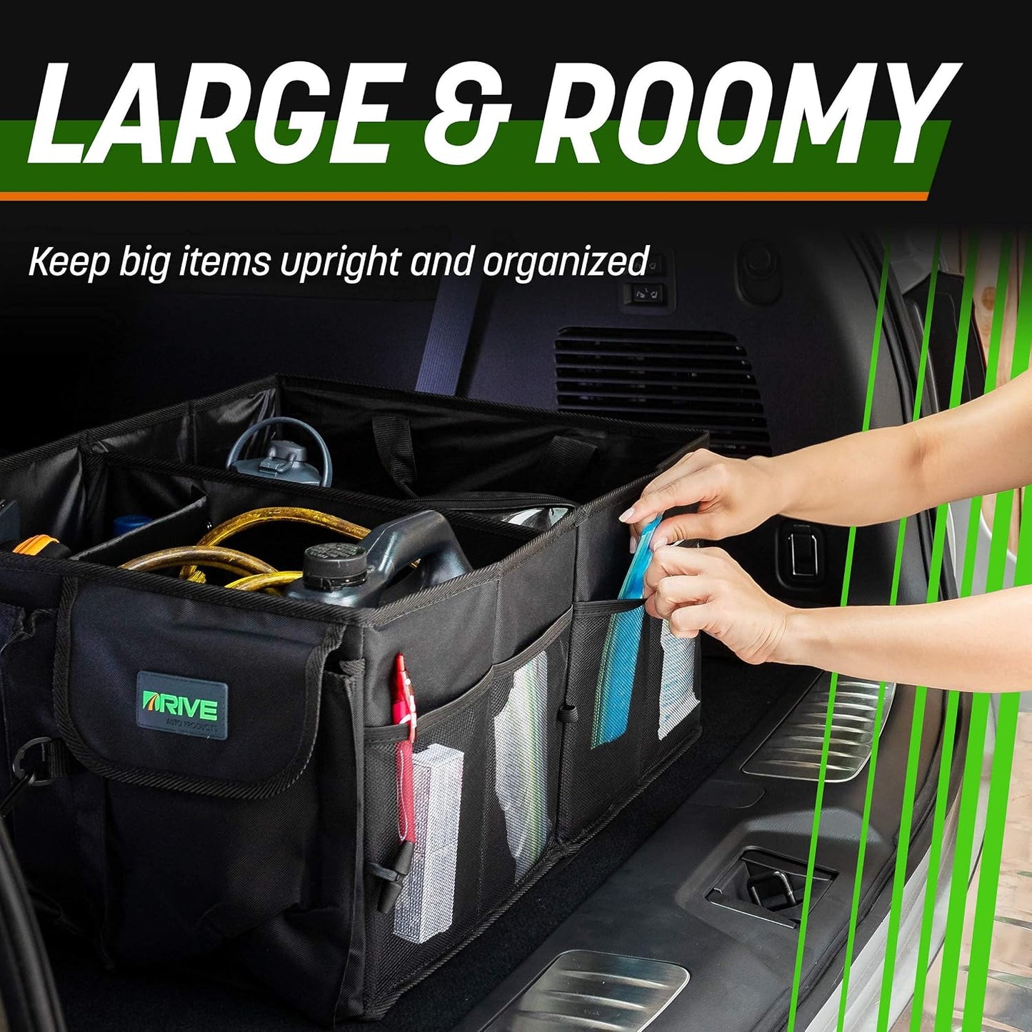 DRIVE - Car Trunk Organizer - Collapsible, Multi-Compartment Automotive SUV Car Organizer for Storage w/Adjustable Straps - Truck & Car Accessories for Women and Men - Grey