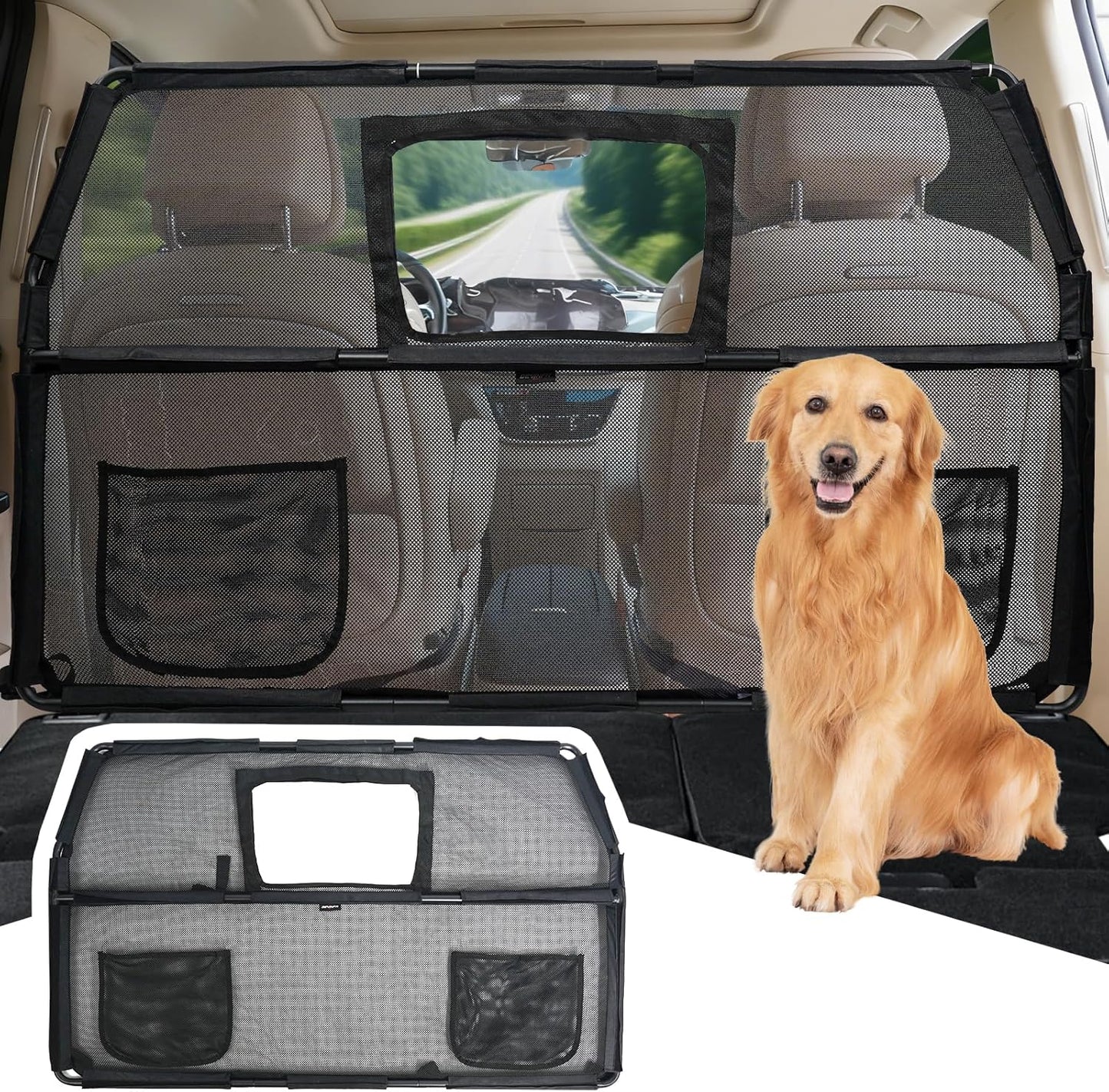 52" Dog Car Barrier for SUV, Wide Escape-Proof & Chew-Proof Dog Car Divider with Removable Visual Window & 2 Storage Pockets, Pet Net Gate for Behind Front Seats, Fits Sedans Cars Trucks