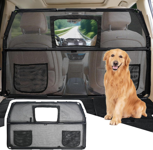 52" Dog Car Barrier for SUV, Wide Escape-Proof & Chew-Proof Dog Car Divider with Removable Visual Window & 2 Storage Pockets, Pet Net Gate for Behind Front Seats, Fits Sedans Cars Trucks
