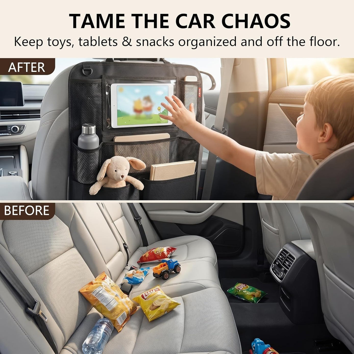 Backseat Car Organizer, backseat car organizer with 9 Pockets & Tablet Holder, Kick Mats for Car Seat Storage and Organization, 2 Pack, Black—Perfect for Travel.