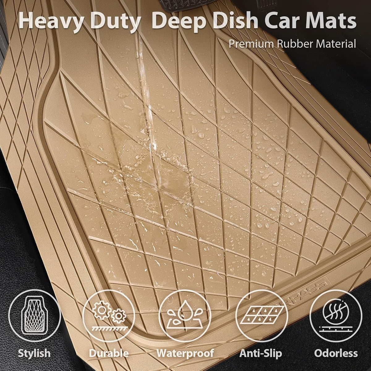 CAR PASS Heavy Duty Rubber Car Floor Mats, Deep Dish All Weather Car Mats Full Set, 3 Piece Waterproof Premium Anti-Slip Floor Mats Rugs Universal Trim to Fit for 95% Sedan SUV Van Truck, All Beige