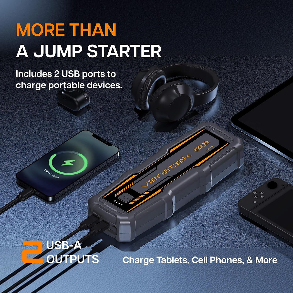ReelCharge - Veratek V10 Pro 4000A Car Battery Jump Starter Portable (10.0L Gas & 8.0L Diesel) – 12V Lithium Battery Booster Pack with SmartCharge Safety, Jumper Cables, 24000mAh Power Bank, Jump Box