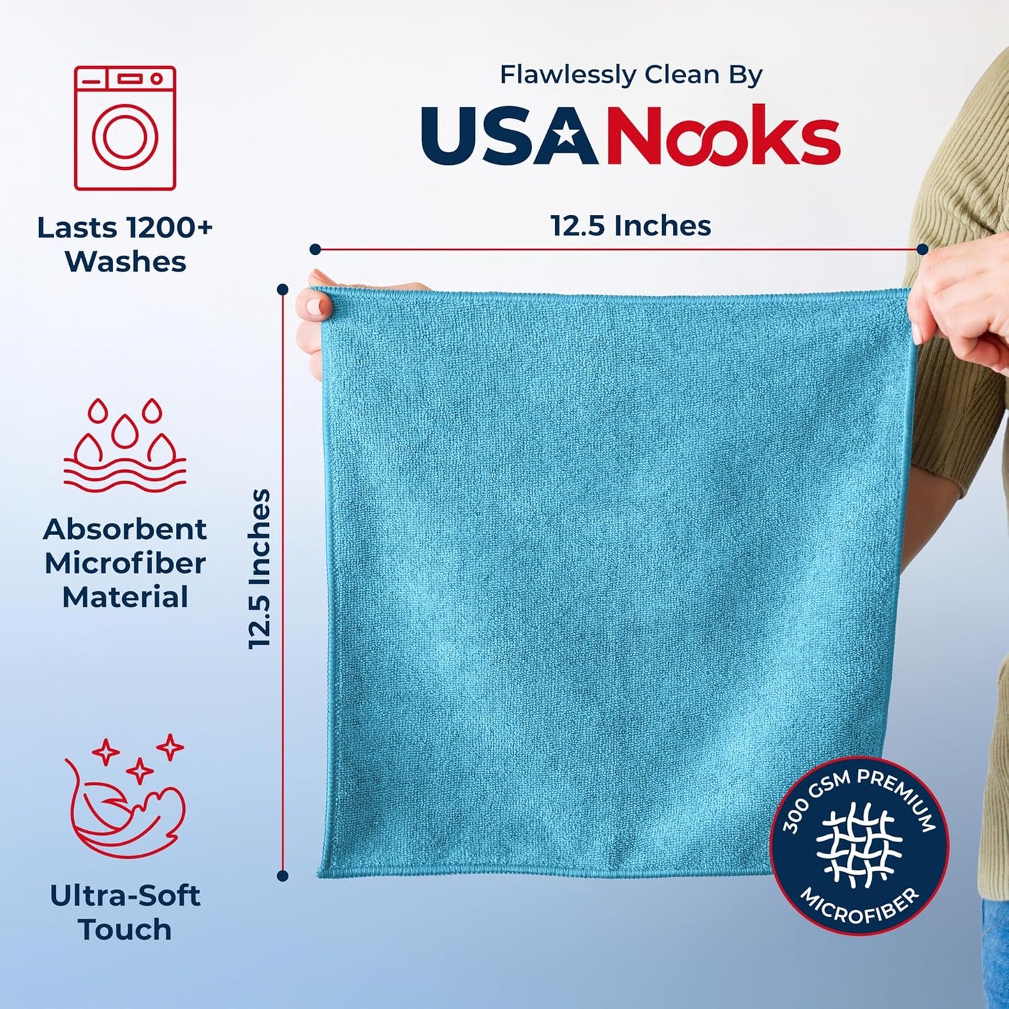 USANOOKS Microfiber Cleaning Cloth - Turq - 24Pcs (12.5x12.5 inch) High Performance - 1200 Washes, Ultra Absorbent Car Towel Traps Grime & Liquid for Streak-Free Mirror Shine - car Washing Cloth