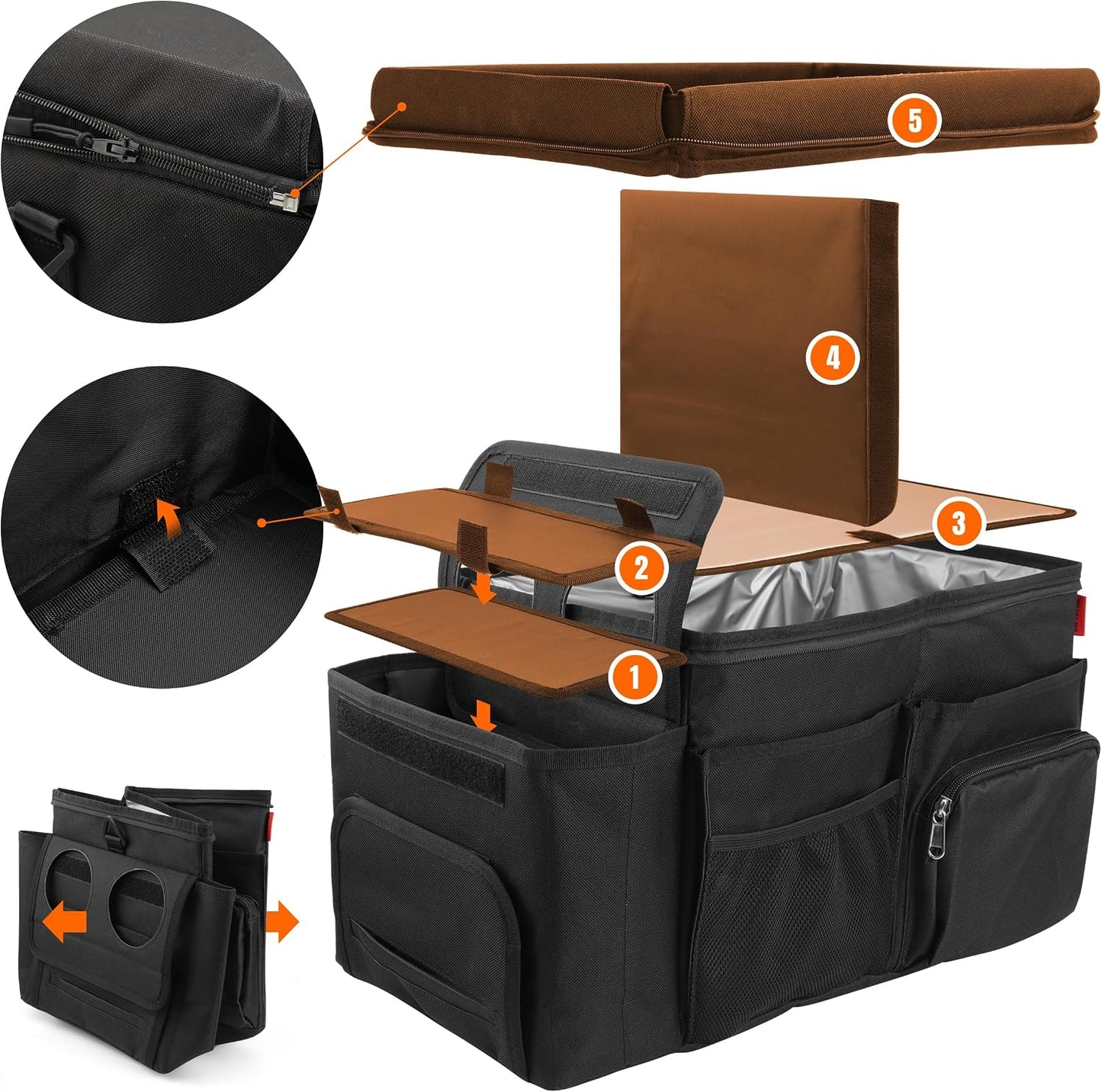 Waterproof Car Organizer with Lid, Car Cooler Bag with Cup Holder and Tissue Box