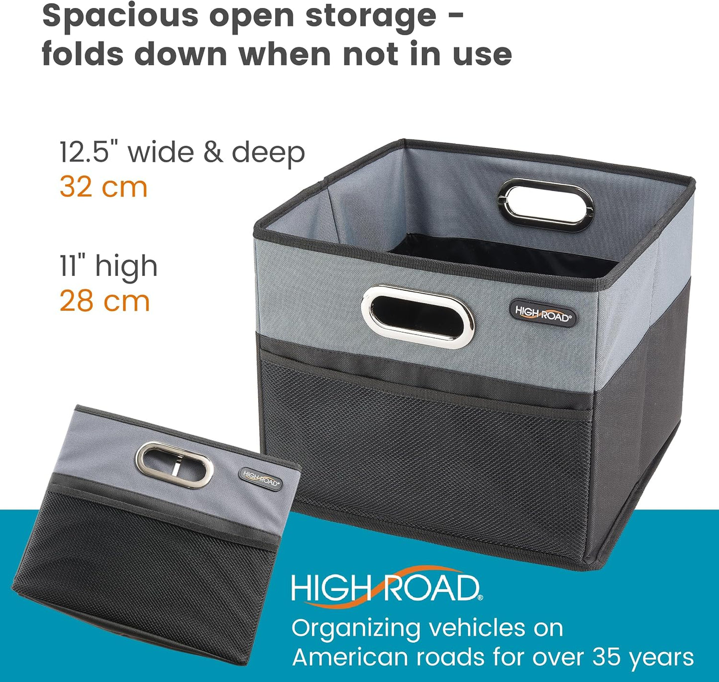 High Road CargoCube Car Storage Bin - Leakproof Car Trunk Storage Organizer with Metal Handles and Front Mesh Pocket (Square)