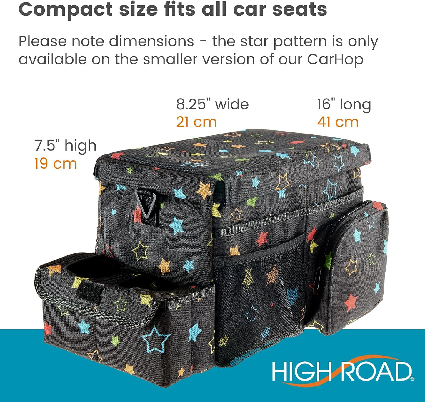High Road CarHop Car Caddy Organizer with Road Trip Cooler, Car Cup Holder Bin, Sturdy Snack and Play Lid and 6 Organization and Storage Pockets, Starry Night