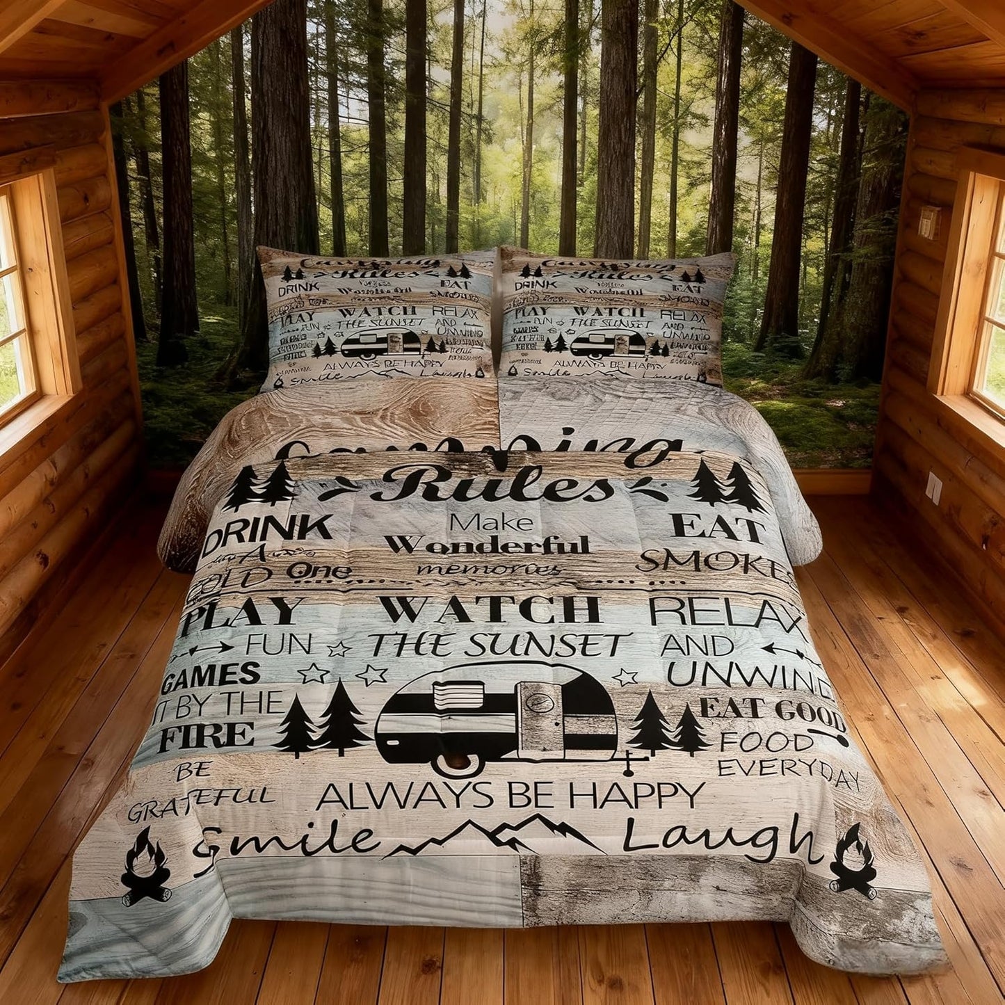 Happy Camping Camper Kids Comforter Set Twin Size,Rustic Farmhouse Adventure Cabin Bedding Set,Girls Boys Room Decor,Wooden Plank Cottage Lake House Quilt Comforter,Vintage Duvet Insert,1 Pillowcase
