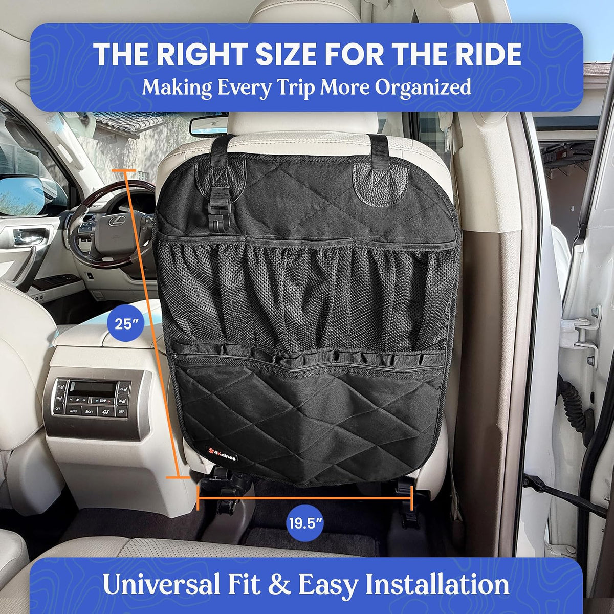 4Knines Car Seat Back Organizer – Heavy-Duty Kick Mat, Mesh Pockets, Black