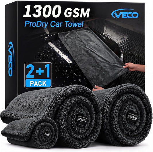 Veco 3-Piece Car Drying Towels, 1300 GSM 70/30 Twist-Loop Microfiber, Black