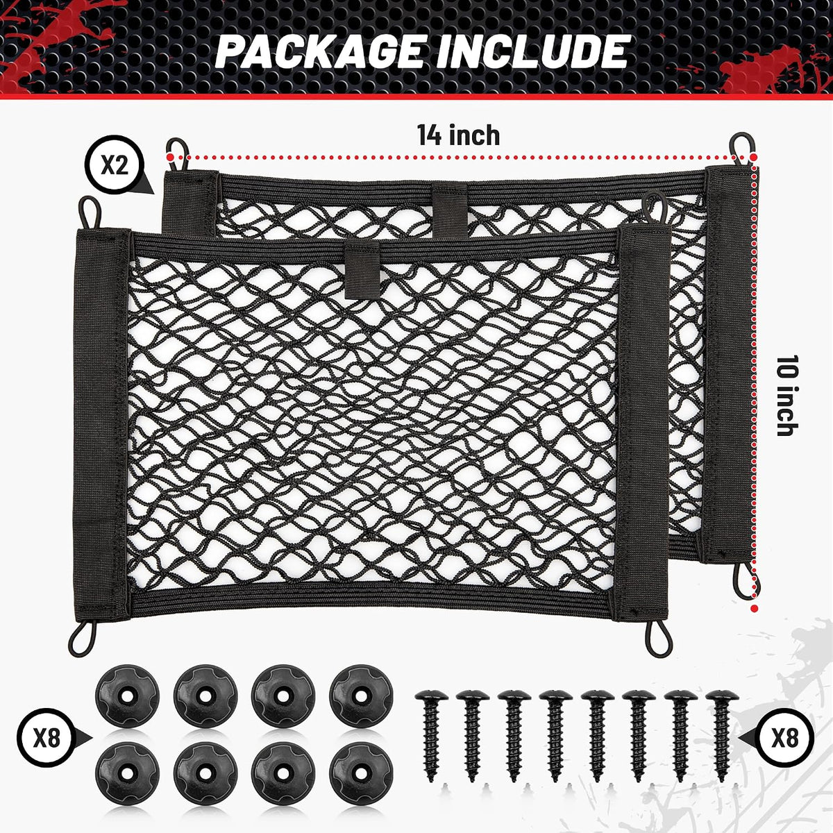 RED WOLF 2 Layer Small Mesh Cargo Net Elastic Storage Netting 2 Pcs Stretchable Car Organizer Net 14×10 Inch for Trunk RV Boats Home Auto Cargo Net Pocket with Screws and Hooks
