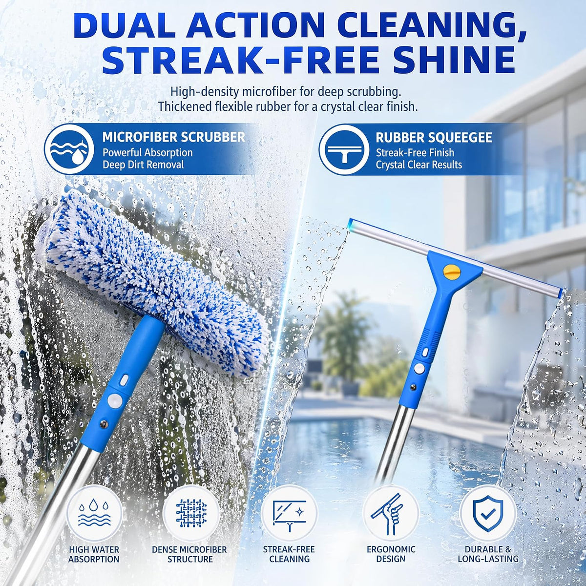 51'' Window Squeegee, 2 in 1 Outdoor Window Cleaning Tools
