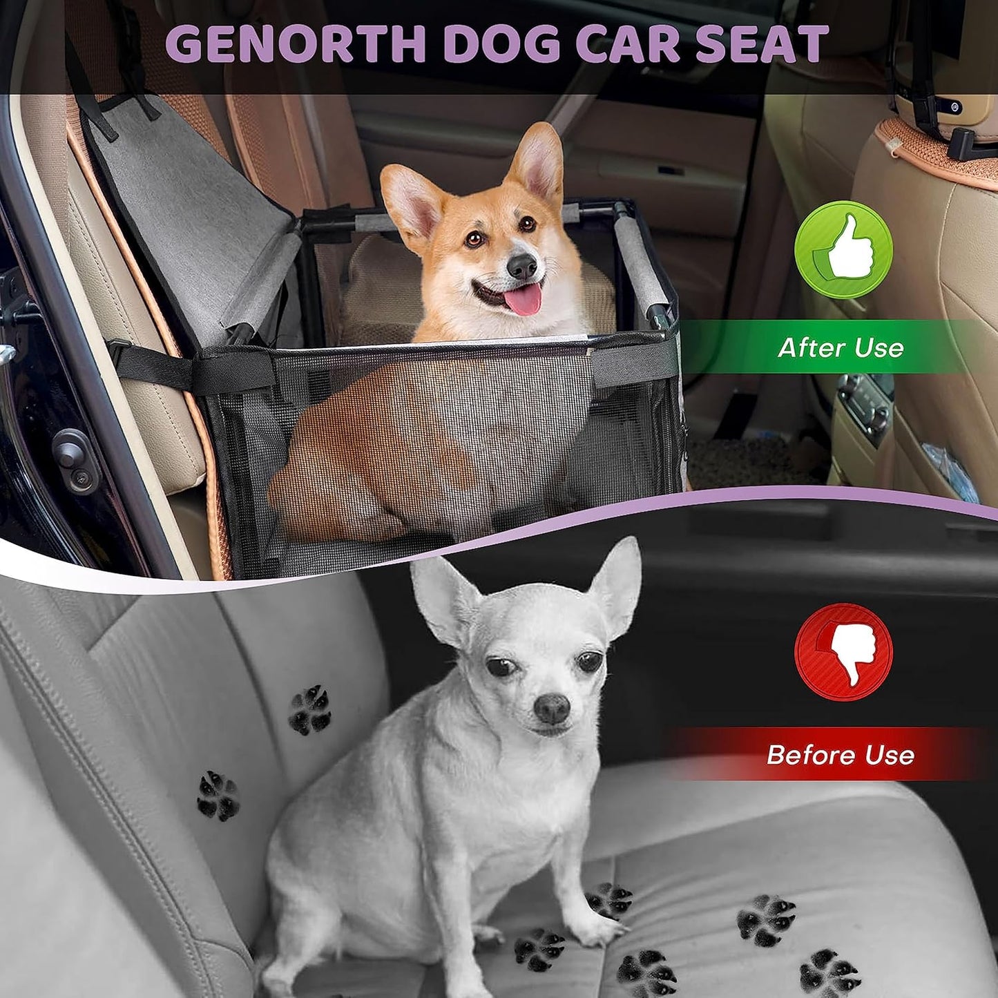 GENORTH Dog Car Seats for Small and Medium Dogs,Portable Puppy/Pet Car Booster Seat with Clip-On Leash and Mesh Window for Pet Up to 20 lbs