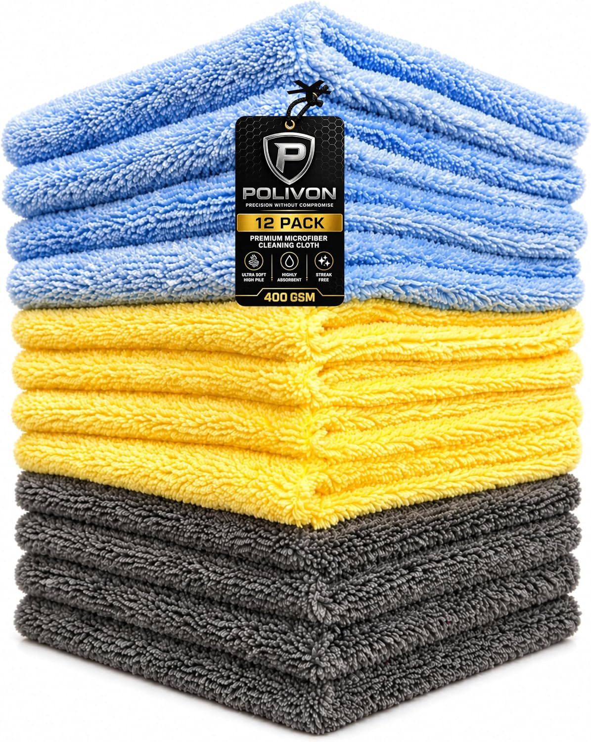 Premium Microfiber Towel for Cars 12 Pack, 400GSM, Quick-Dry, Scratch-Free, High and Low Pile Surface, Gray, Yellow, Blue,16 x 16 Inches, for Car Detailing and Household Use