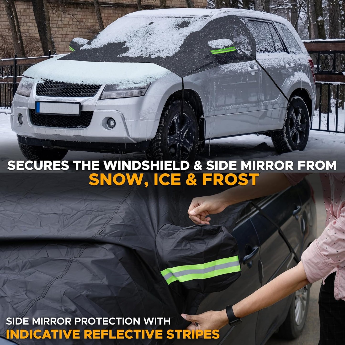 EcoNour Car Windshield Cover for Ice and Snow, Windshield Snow Cover with Side Mirrors Cover for Snow, Ice, UV Fits Most Cars, Trucks, Vans, SUVs, Black