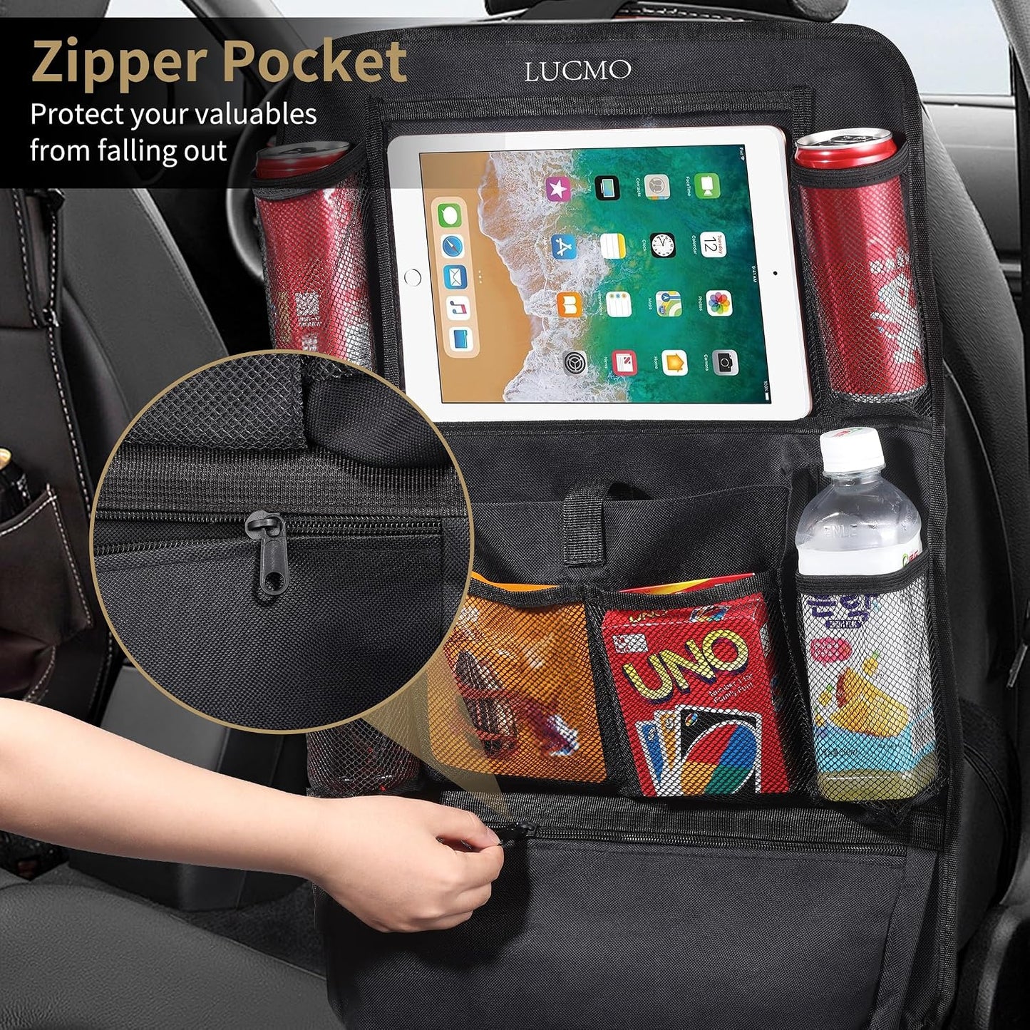 LUCMO Car Backseat Organizer with Touch Screen Tablet Holder, Black | 2 Pcs,9 Storage Pockets,Clear Tablet Holder,Protectors Kick Mats,Travel Accessories,Seat Cover,Road Trip Essentials